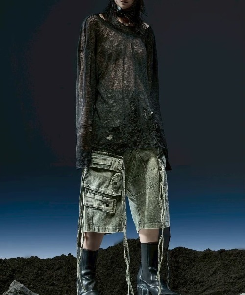 RICH（リッチ）の「【RICH】Ripped Over Knit Top / 【リッチ】シースルーオーバーサイズ長袖ニット（Tシャツ/カットソー・メンズ・ブラック・02/01）」の8枚目の写真