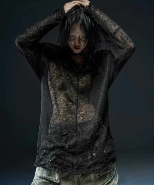 RICH（リッチ）の「【RICH】Ripped Over Knit Top / 【リッチ】シースルーオーバーサイズ長袖ニット（Tシャツ/カットソー・メンズ・ブラック・02/01）」の4枚目の写真