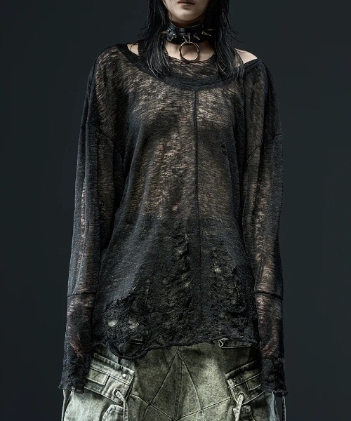 RICH（リッチ）の「【RICH】Ripped Over Knit Top / 【リッチ】シースルーオーバーサイズ長袖ニット（Tシャツ/カットソー・メンズ・ブラック・02/01）」の9枚目の写真