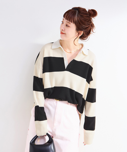 Simplicite（サンプリシテ）の「手洗い可 / ラガーニット（ニット/セーター・レディース・チャコールグレー/アイボリー・FREE）」の2枚目の写真