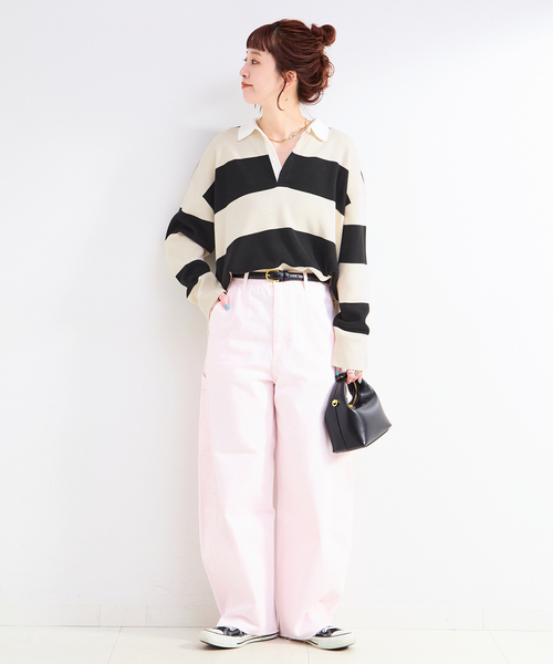 Simplicite（サンプリシテ）の「手洗い可 / ラガーニット（ニット/セーター・レディース・チャコールグレー/アイボリー・FREE）」の3枚目の写真