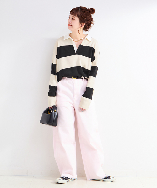 Simplicite（サンプリシテ）の「手洗い可 / ラガーニット（ニット/セーター・レディース・チャコールグレー/アイボリー・FREE）」の4枚目の写真