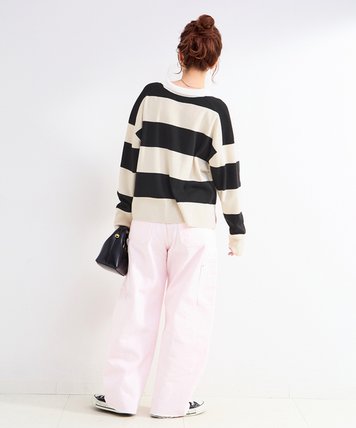 Simplicite（サンプリシテ）の「手洗い可 / ラガーニット（ニット/セーター・レディース・チャコールグレー/アイボリー・FREE）」の7枚目の写真