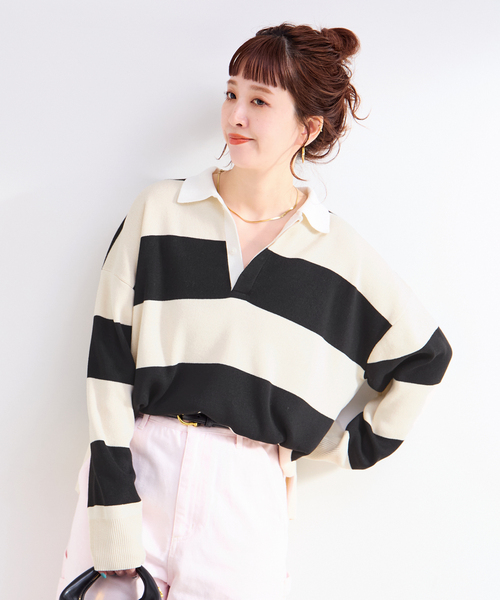 Simplicite（サンプリシテ）の「手洗い可 / ラガーニット（ニット/セーター・レディース・チャコールグレー/アイボリー・FREE）」の8枚目の写真