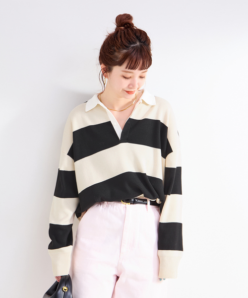 Simplicite（サンプリシテ）の「手洗い可 / ラガーニット（ニット/セーター・レディース・チャコールグレー/アイボリー・FREE）」の9枚目の写真