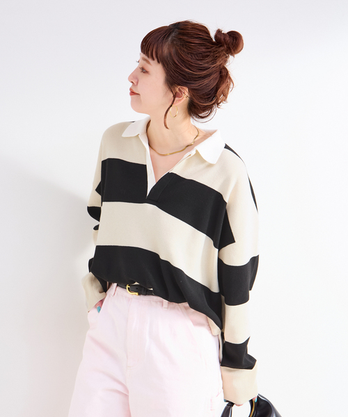 Simplicite（サンプリシテ）の「手洗い可 / ラガーニット（ニット/セーター・レディース・チャコールグレー/アイボリー・FREE）」の10枚目の写真