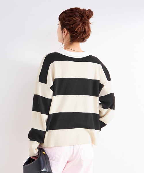 Simplicite（サンプリシテ）の「手洗い可 / ラガーニット（ニット/セーター・レディース・チャコールグレー/アイボリー・FREE）」の11枚目の写真