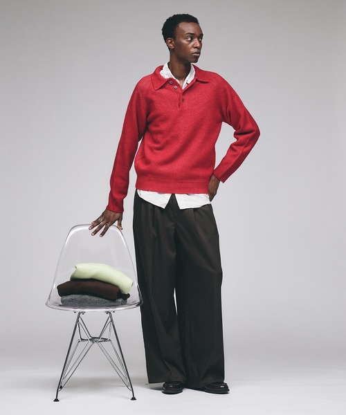 Adoon plain（アドーンプレーン）の「RAGLAN SLEEVE KNIT PORO  / ラグランスリーブニットポロシャツ（ニット/セーター・メンズ・ライトグリーン/レッド/ブラウン・LARGE/MEDIUM）」の6枚目の写真
