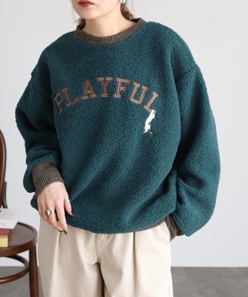 Quelle Chance(ケルシャンス)の「刺繍入りボアハイネックロングスリーブプルオーバー(Tシャツ/カットソー・レディース・グリーン/ライトグレー/キナリ・M/L)」の1枚目の写真