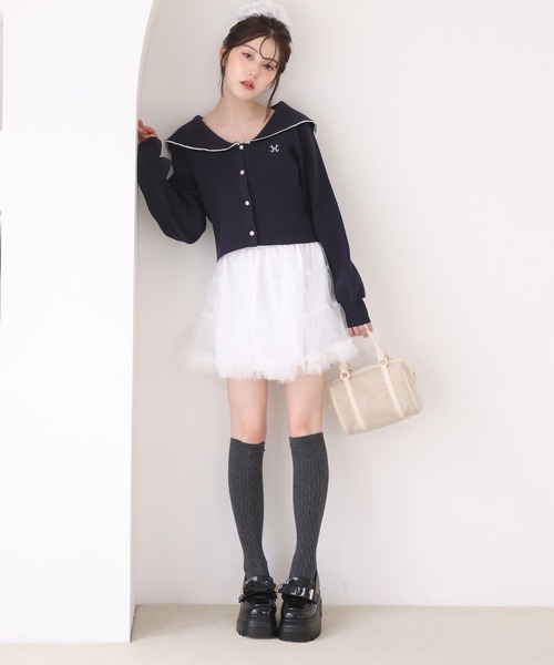 one after another NICE CLAUP（ワンアフターアナザーナイスクラップ）の「セーラーカラーニットカーディガン（カーディガン/ボレロ・レディース・ホワイト×ブラック/アイボリー/ネイビー/ピンク・FREE）」の6枚目の写真