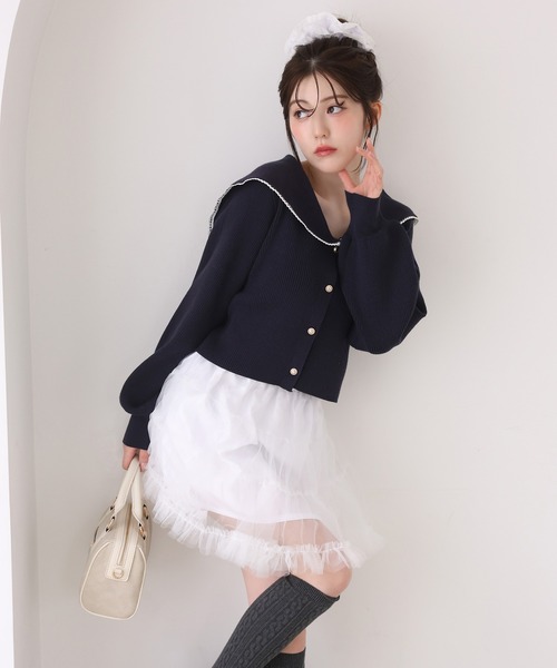 one after another NICE CLAUP（ワンアフターアナザーナイスクラップ）の「セーラーカラーニットカーディガン（カーディガン/ボレロ・レディース・ホワイト×ブラック/アイボリー/ネイビー/ピンク・FREE）」の10枚目の写真