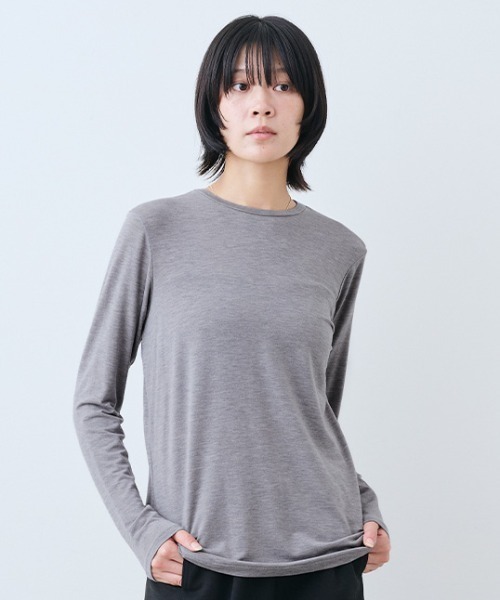 THREE FIFTY STANDARD(スリーフィフティースタンダード)の「THREE FIFTY STANDARD さらっとした肌ざわりのウール混Tシャツ(Tシャツ/カットソー・レディース・オフホワイト/杢グレー/ブラック・L/M)」の3枚目の写真