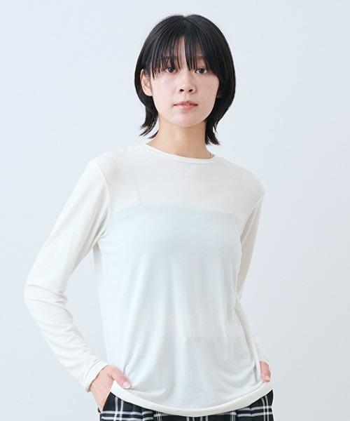 THREE FIFTY STANDARD(スリーフィフティースタンダード)の「THREE FIFTY STANDARD さらっとした肌ざわりのウール混Tシャツ(Tシャツ/カットソー・レディース・オフホワイト/杢グレー/ブラック・L/M)」の2枚目の写真