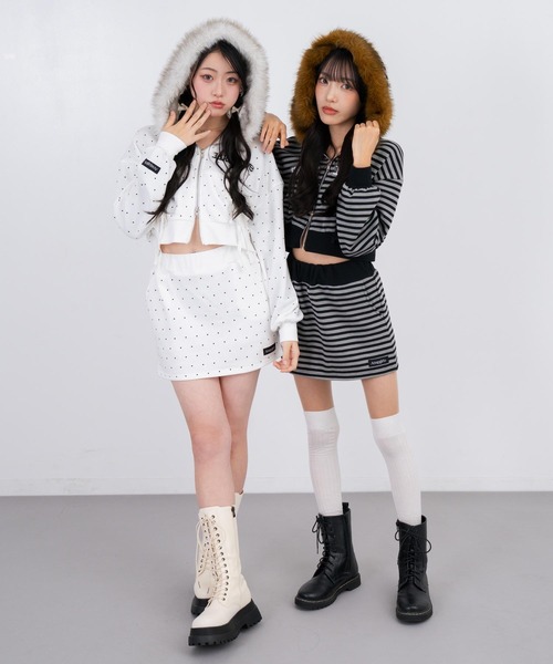 フードファー付 パーカー × スカート スウェット セットアップ