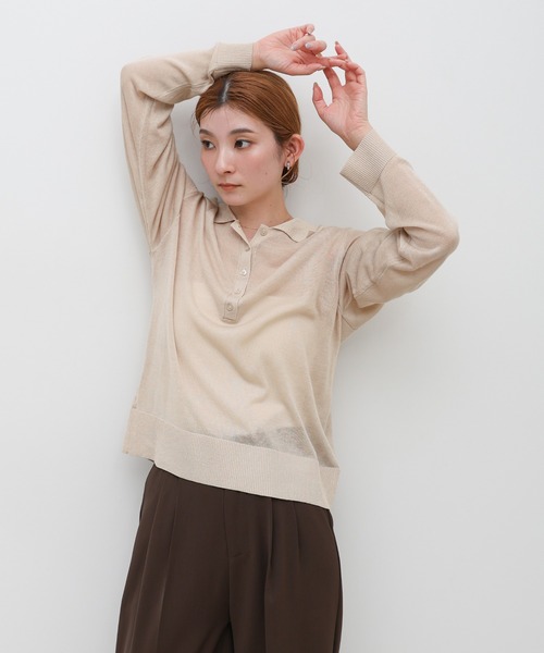 select MOCA(セレクトモカ)の「【ZOZO限定】シアーポロニットロングスリーブトップス(ニット/セーター・レディース・ブラック/アイボリー/グレー・FREE)」の1枚目の写真