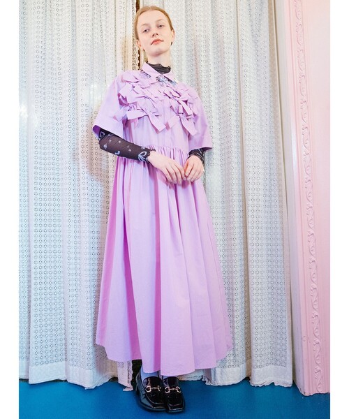 CAROLINA GLASER(カロリナ グレイサー)の「リボン いっぱい コットン シャツワンピース(ワンピース・レディース・ブラック/ラベンダー・SMALL/MEDIUM)」の12枚目の写真