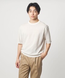 green label relaxing | リネン ポリエステル ボーダー クルーネック 半袖 ニット -ウォッシャブル-(ニット/セーター)