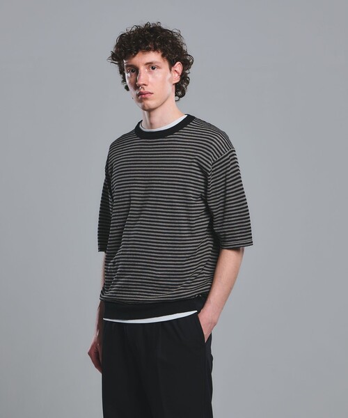 green label relaxing（グリーンレーベルリラクシング）の「リネン ポリエステル ボーダー クルーネック 半袖 ニット -ウォッシャブル-（ニット/セーター・メンズ・ブラック/ホワイト・XL/L/M/S）」の2枚目の写真