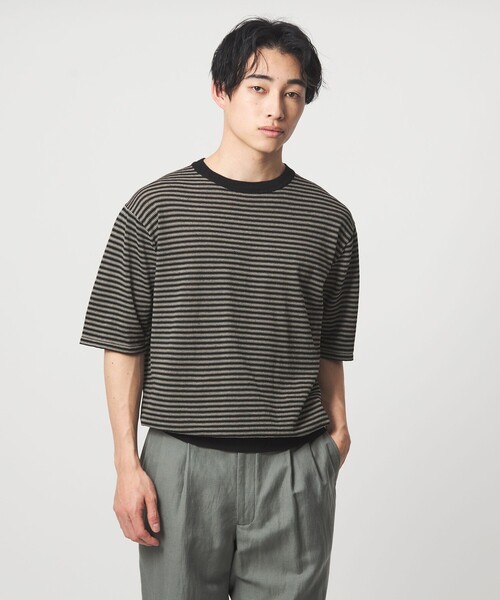 green label relaxing（グリーンレーベルリラクシング）の「リネン ポリエステル ボーダー クルーネック 半袖 ニット -ウォッシャブル-（ニット/セーター・メンズ・ブラック/ホワイト・XL/L/M/S）」の4枚目の写真