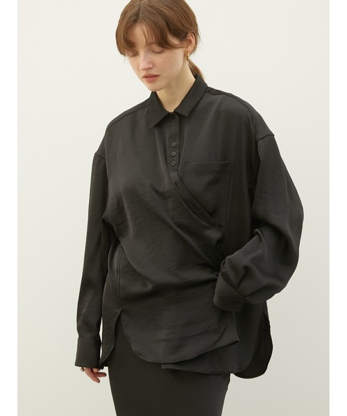 LA PEAU DE GEM（ラポドゥジェム）の「【LA PEAU DE GEM】2way satin wrap shirt/2wayサテンラップシャツ（シャツ/ブラウス・レディース・ブラック/アイボリー/ブラウン・FREE）」の10枚目の写真