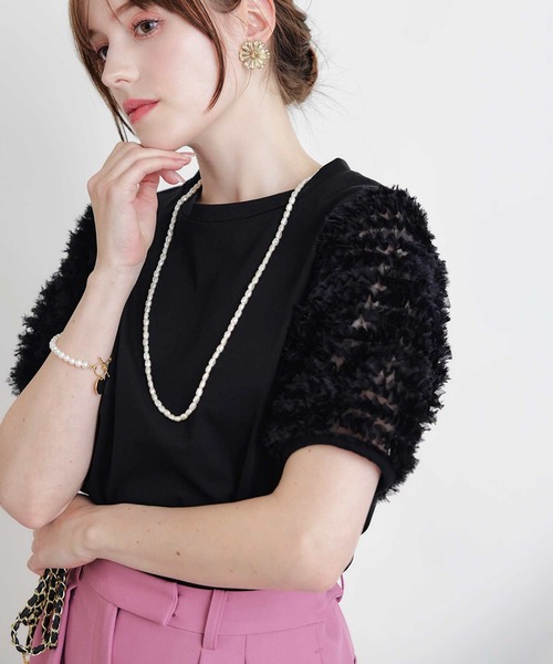 PICCIN（ピッチン）の「ティアードチュールスリーブプルオーバー（Tシャツ/カットソー・レディース・ブラック/オフホワイト・M）」の2枚目の写真