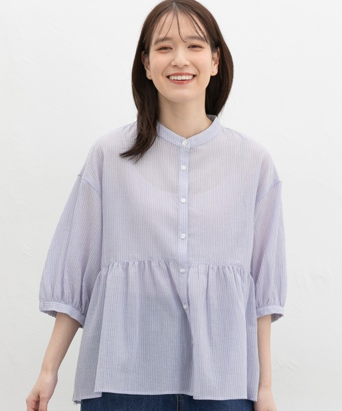 Honeys(ハニーズ)の「6分袖ペプラムブラウス(シャツ/ブラウス・レディース・サックスブルー系/ホワイト系その他3/スモーキーグリーン系/ホワイト×ブルー/ネイビー/ホワイト系その他2・M/LL/L)」の6枚目の写真