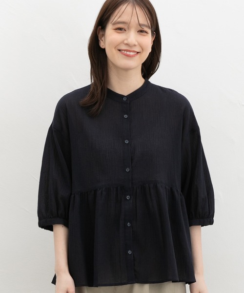 Honeys(ハニーズ)の「6分袖ペプラムブラウス(シャツ/ブラウス・レディース・サックスブルー系/ホワイト系その他3/スモーキーグリーン系/ホワイト×ブルー/ネイビー/ホワイト系その他2・M/LL/L)」の5枚目の写真