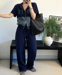切り替えデニムフード付きジャケットワイドパンツセットアップ