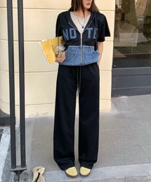切り替えデニムフード付きジャケットワイドパンツセットアップ