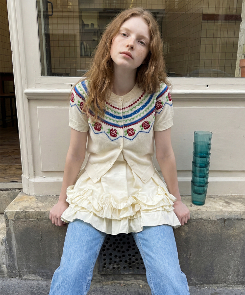 Rose Jacquard Short-Sleeve Cardigan (Ivory)