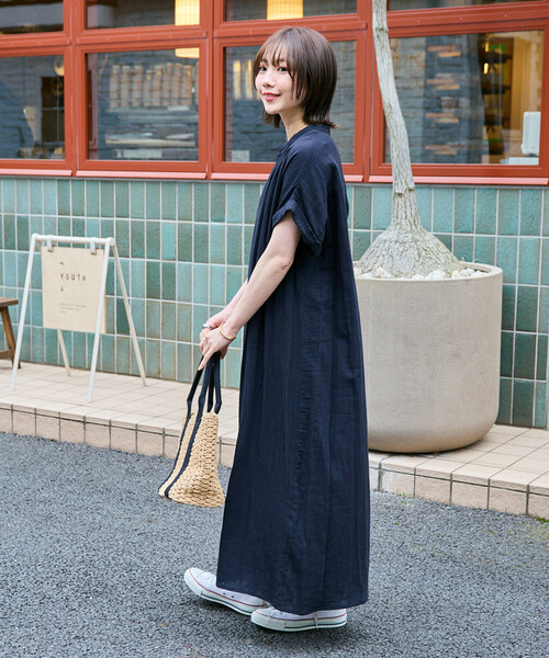 FREAK'S STORE（フリークスストア）の「限定展開　インド ダブルガーゼ スキッパー フレンチスリーブ ワンピース（ワンピース・レディース・グリーン/ナチュラル/ブラック/オリーブ/オレンジ・SMALL/MEDIUM）」の7枚目の写真