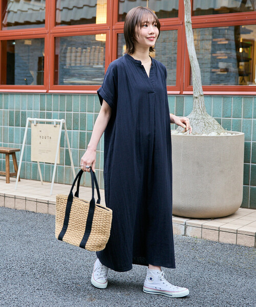 FREAK'S STORE（フリークスストア）の「限定展開　インド ダブルガーゼ スキッパー フレンチスリーブ ワンピース（ワンピース・レディース・グリーン/ナチュラル/ブラック/オリーブ/オレンジ・SMALL/MEDIUM）」の9枚目の写真