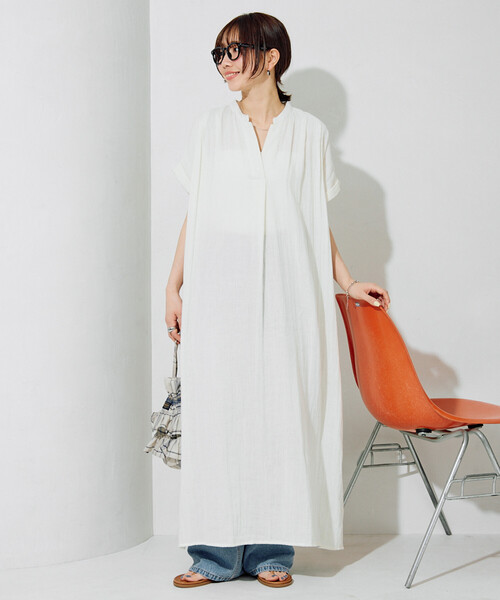 FREAK'S STORE（フリークスストア）の「限定展開　インド ダブルガーゼ スキッパー フレンチスリーブ ワンピース（ワンピース・レディース・グリーン/ナチュラル/ブラック/オリーブ/オレンジ・SMALL/MEDIUM）」の18枚目の写真