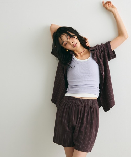 セール】リネン混ピンストライプ半袖シャツ&ショートパンツ