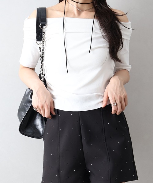 SpRay(スプレイ)の「オフショルダー5分袖トップス(Tシャツ/カットソー・レディース・グレー/ボルドー/ホワイト/モカ/ブラック・FREE)」の22枚目の写真