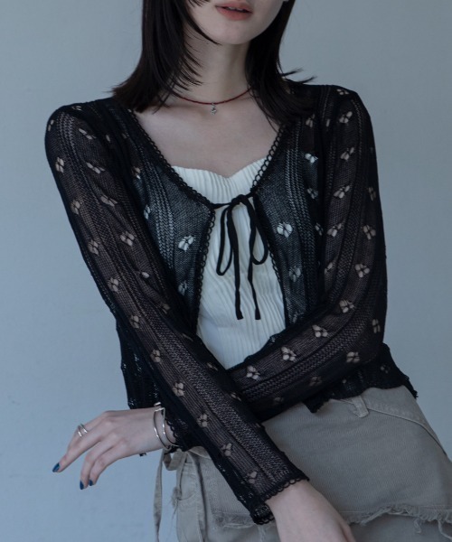 VACANCY(ヴァカンシー)の「透かし編みハート柄シアーカーディガン(カーディガン/ボレロ・レディース・レッド/ホワイト/ブラック・FREE)」の1枚目の写真