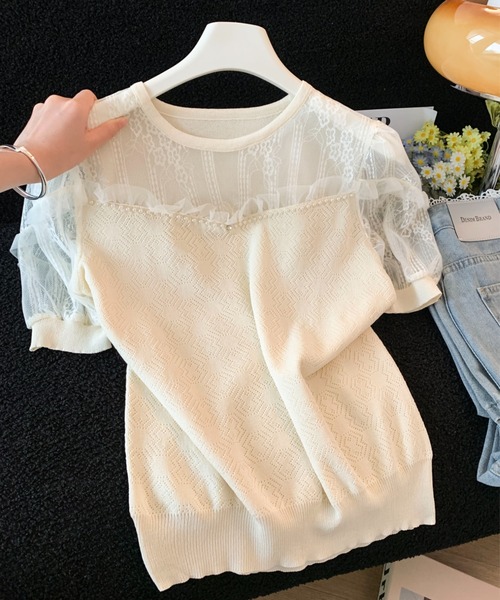 LUCPY（ラクピー）の「シアーレースドッキングニットトップス（その他トップス・レディース・ホワイト・X-LARGE/LARGE/MEDIUM/SMALL）」の5枚目の写真