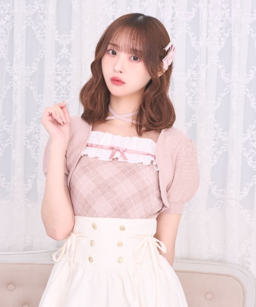 LAFARY(ラファリー)の「チェックアンサンブルニットトップス(ニット/セーター・レディース・ホワイト/ピンクベージュ/グレー・FREE)」の3枚目の写真