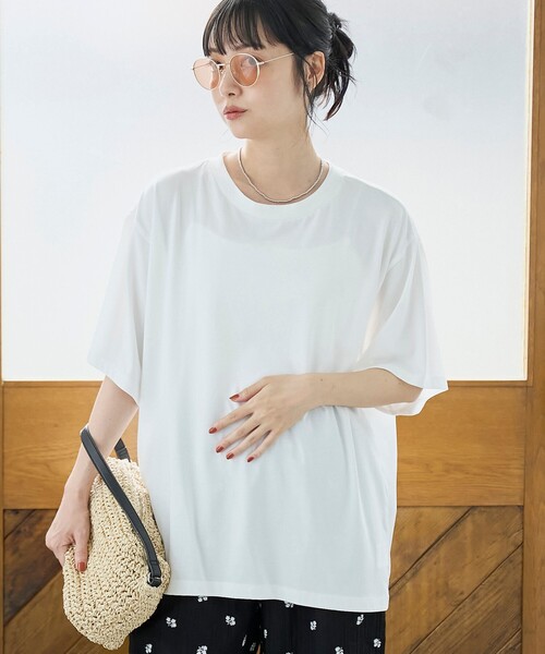coen(コーエン)の「【Cool Hug Cotton / クールハグコットン】 ゆるTシャツ(接触冷感)(Tシャツ/カットソー・レディース・モカ/ブラック/オフホワイト/ターコイズブルー・M/L)」の1枚目の写真