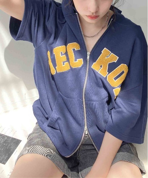 〇Wジップとロゴ5分袖パーカー【UNISEX ITEM】（パーカー）｜AS KNOW