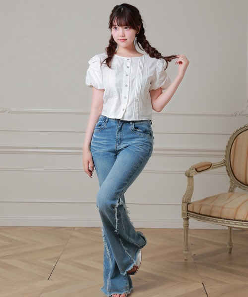 Anely（アネリー）の「Anely ピンタック レース パフスリーブ ショート ブラウス（シャツ/ブラウス・レディース・ブラック/ホワイト・FREE）」の5枚目の写真