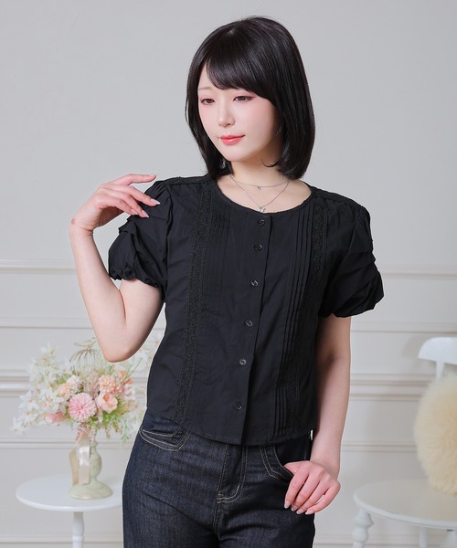 Anely（アネリー）の「Anely ピンタック レース パフスリーブ ショート ブラウス（シャツ/ブラウス・レディース・ブラック/ホワイト・FREE）」の9枚目の写真