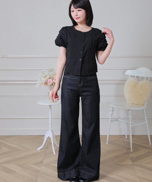 Anely（アネリー）の「Anely ピンタック レース パフスリーブ ショート ブラウス（シャツ/ブラウス・レディース・ブラック/ホワイト・FREE）」の10枚目の写真