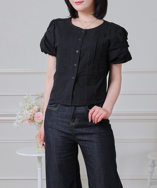 Anely（アネリー）の「Anely ピンタック レース パフスリーブ ショート ブラウス（シャツ/ブラウス・レディース・ブラック/ホワイト・FREE）」の12枚目の写真