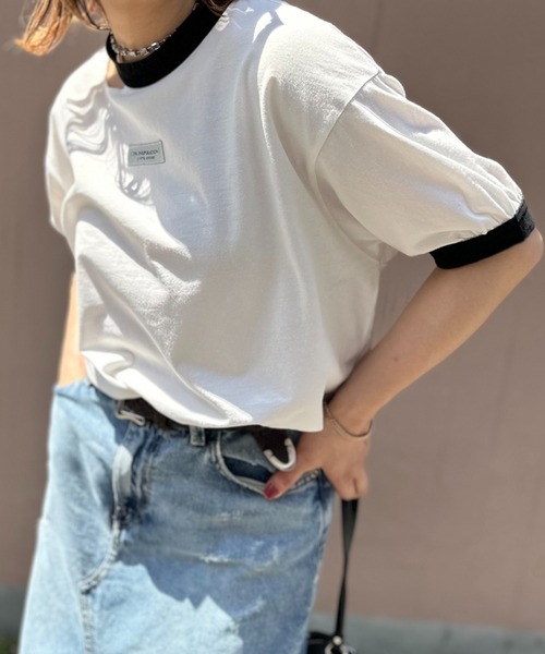Vintageライク コットン100  カットアウト配色リンガービッグ Tシャツ