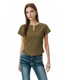 SECONDMONO（セカンドモノローグ）の「Lace-Up Rib Slim Tee [KHAKI]_SEWTS035KHAKI（Tシャツ/カットソー）」