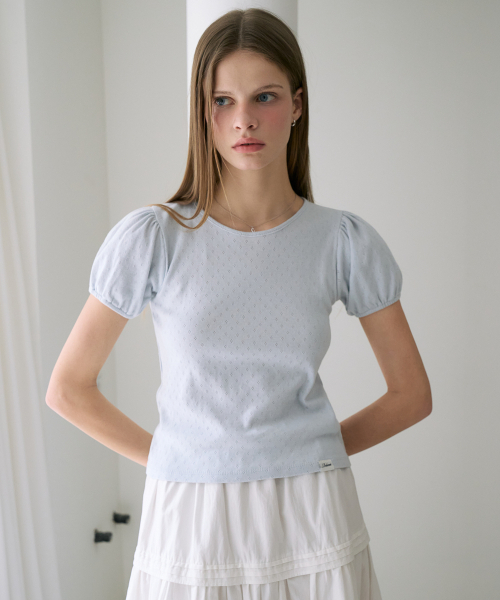 DEHEVE（デヘヴェ）の「Label Point Puff T-shirt [Sky Blue]（Tシャツ/カットソー・レディース・スカイブルー・OS）」の10枚目の写真
