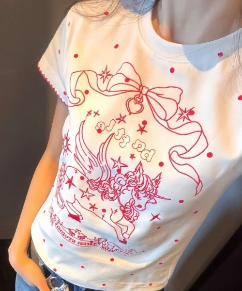Sibra(シブラ)の「選べるグラフィックプリント半袖Tシャツ / ドット・スター・ユニコーンデザイン(Tシャツ/カットソー・レディース・ホワイト/レッド/ブルー・M)」の3枚目の写真