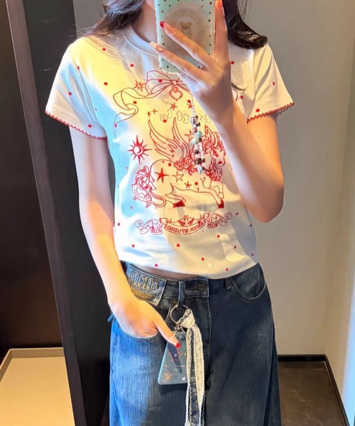 Sibra(シブラ)の「選べるグラフィックプリント半袖Tシャツ / ドット・スター・ユニコーンデザイン(Tシャツ/カットソー・レディース・ホワイト/レッド/ブルー・M)」の10枚目の写真