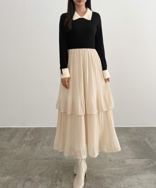 CENEA（セネア）の「ニットドッキングプリーツワンピース（ワンピース・レディース・ブラック/モカ/アイボリー・LARGE/MEDIUM/SMALL）」の2枚目の写真